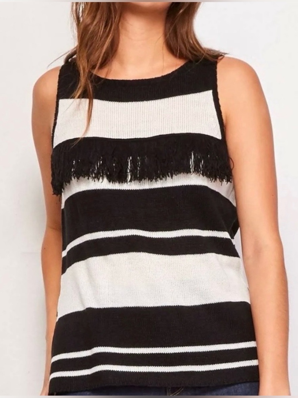 NWT BB Dakota Nessa Black and White Striped Fringe Tank, Size XS
